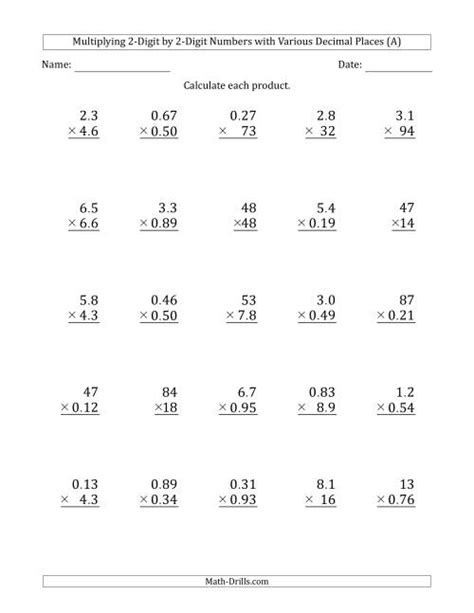 Multiplying 2 Digit By 2 Digit Numbers With Various Decimal Places A