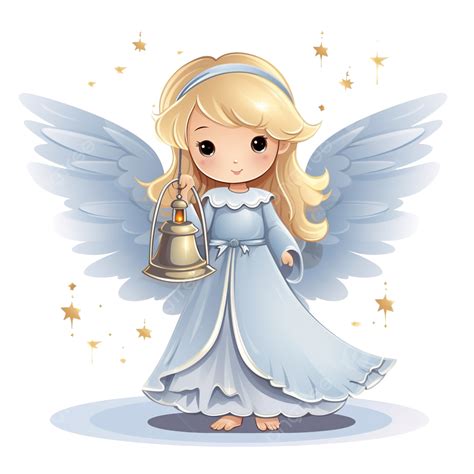 Cute Angel Girl Holding Star And Bell Flying At Night Merry Christmas