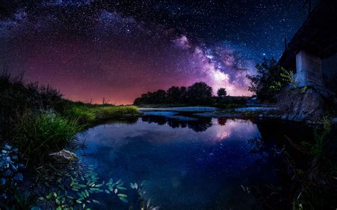 Wallpaper Beautiful Night Pond House Starry Sky Stars