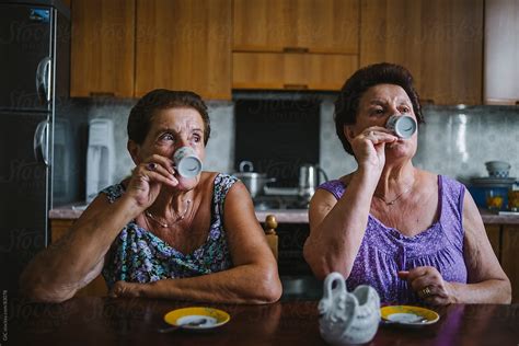 Two Seniors Women Drinking Coffee By Simone Wave