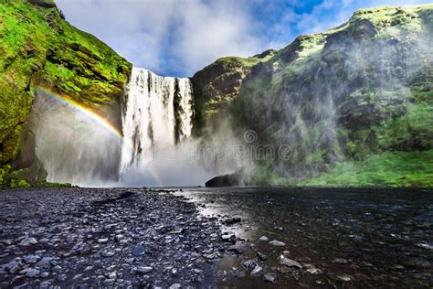 Stunning Waterfall Skogafoss And Small Rainbow Iceland Stock Image