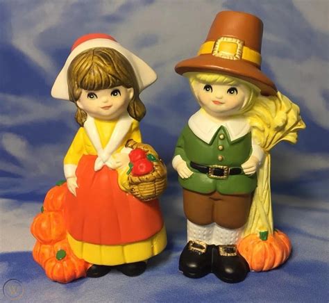 Cute Vintage Rb Hand Painted Ceramic Thanksgiving Pilgrim Couple Figurines Japan 1946179193