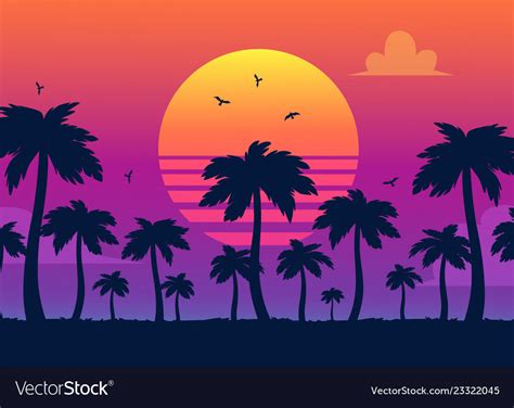 Purple Sunset On Palm Icons Backdrop Royalty Free Vector
