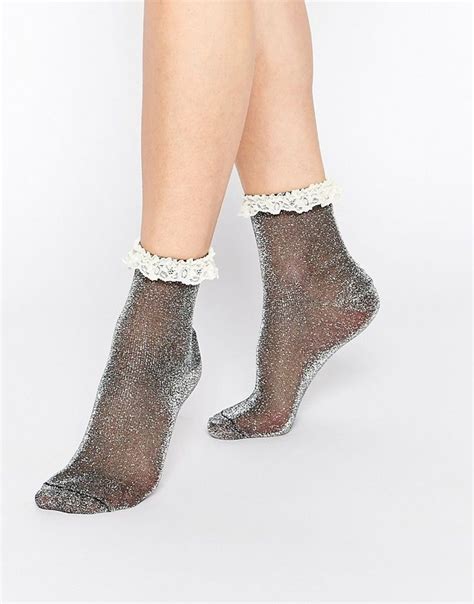 Image 1 Of ASOS Glitter Lace Trim Ankle Socks Fashion Socks Ankle