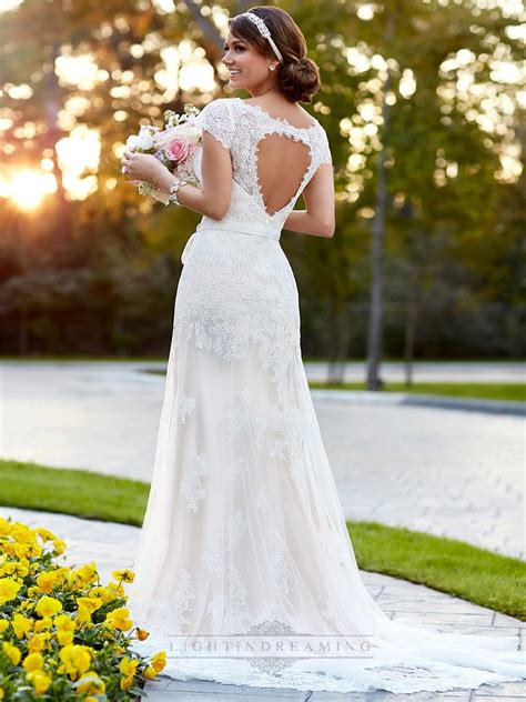 Lace Over Illusion Cap Sleeves V Neck Wedding Dresses With Keyhole Back