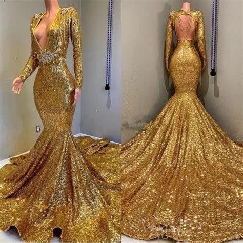 Sexy Deep V Neck Sequined Gold Mermaid Prom Dress Long Sleeve Open Back Formal Evening Gown