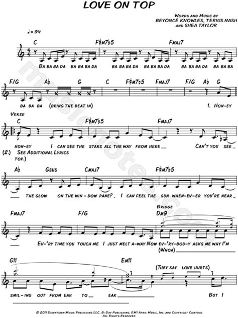 Beyoncé Love On Top Sheet Music Leadsheet In C Major Transposable Download And Print Sku