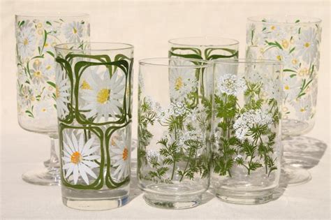 Vintage Drinking Glasses W Retro Summer Flowers Daisies And Queen Anne S Lace
