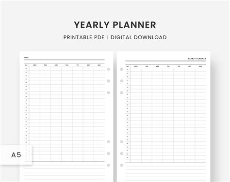 A5 Inserts Yearly Planner Printable Yearly Year At A Glance Yearly