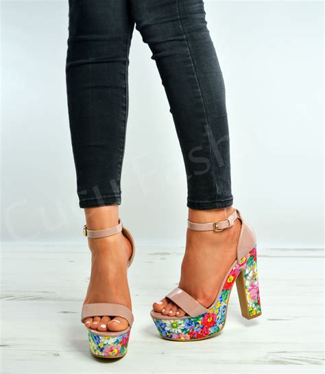 Womens Floral Platform Sandals Ladies High Block Heels Peep Toe Strappy Shoes Ebay