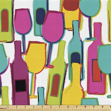 Wine Fabric By The Yard Hand Drawn Style Colorful Wine Bottles And