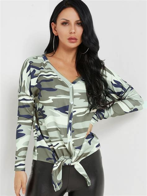 2021 fashion 90s vintage floral button knitted playsuit turn down collar short sleeve patched female harajuku bodycon overalls. Camouflage V-neck Button-up Tie-up Hem Top - US$11.99 ...
