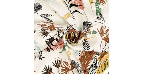Viscose White Leaf Printed Dress Fabric Tropical Linen Brown