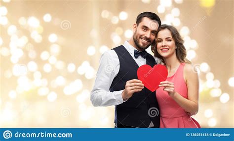 Happy Couple With Red Heart On Valentines Day Stock Photo Image Of