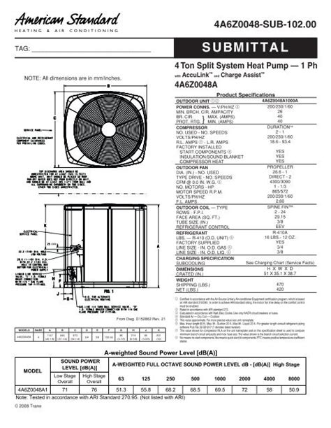 American Standard Submittal 4 Ton Split System Heat Pump 1 Ph