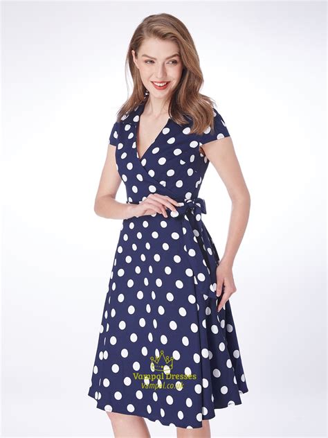 a line navy blue v neck short sleeve polka dot dress with belt vampal dresses