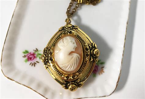 Vintage Large Oval Cameo Locket Necklace Pink Cameo Locket In Gold