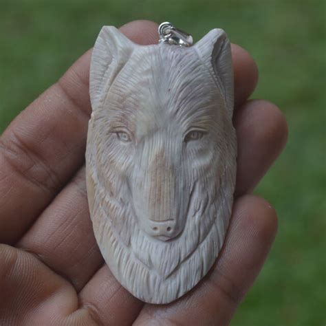 Wolf Head Carving 63x35m Pendant P4812 With Silver In Buffalo Bone