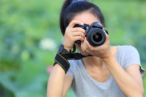 Woman Photographer Taking Photo Outdoor Stock Image Image Of White