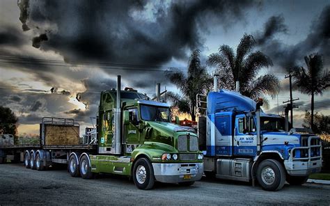 Hd Wallpaper Two Trucks Parked Under Stormy Clouds Hdr Trees