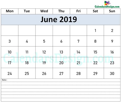 June 2019 Calendar