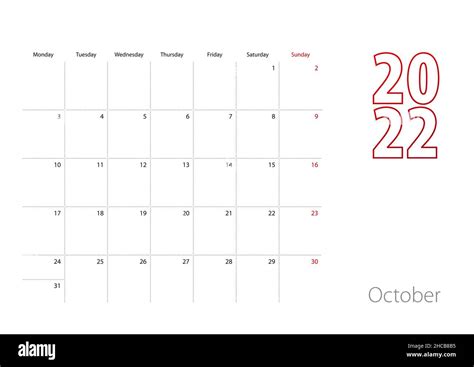 Calendario Para El 2022 De Octubre En Diseño Moderno Planner Template