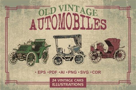 24 Old Vintage Automobiles Illustrations By Vintage Font Lab