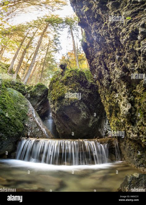 Beautiful Waterfall In A Narrow Gorge Stock Photo Alamy