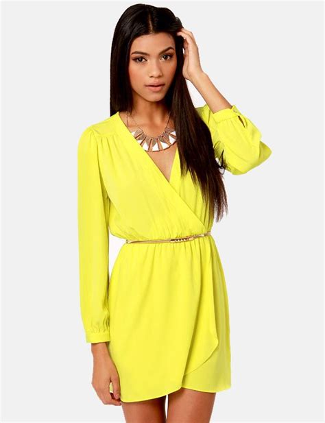 Neon Yellow Long Sleeve V Neck Dress 2169 Yellow Wrap Dress Neon
