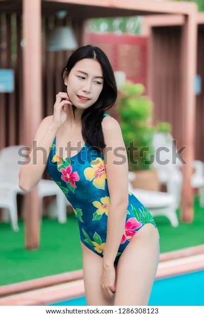 Portrait Asian Sexy Woman Swimming Poolthailand Stock Photo