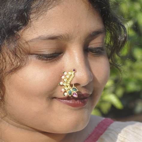 Marathi Nose Pin Golden False Nose Pin Green Stone Etsy Uk