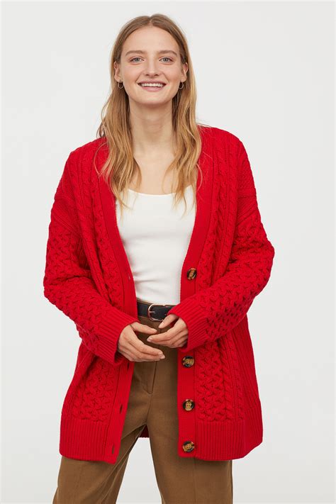 Handm Oversized Cable Knit Cardigan In Red Lyst
