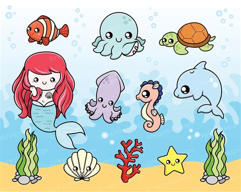 Cute Sea Creatures Clipart Baby Octopus Seahorse Mermaid Squid