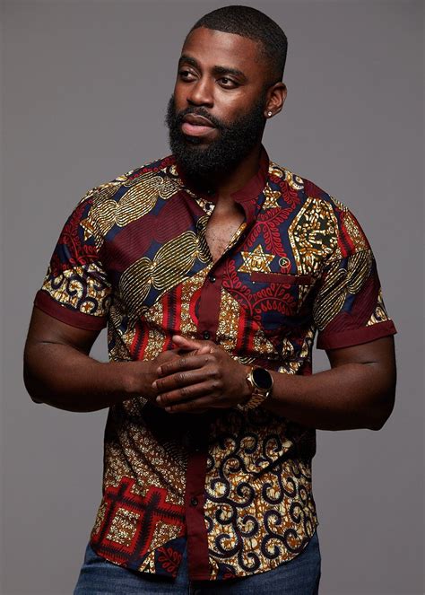 Olu Short Sleeve Mandarin Button Up African Print Shirt Maroon