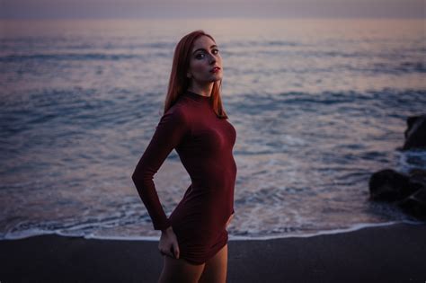 Wallpaper Women Redhead Model Portrait Sunset Sea Sand