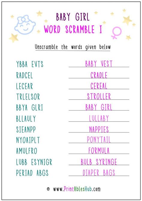 Free Printable Baby Girl Word Scramble Pdf With Answers Key Included