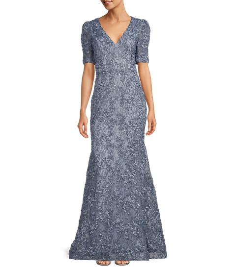 Xscape Textured Lace V Neck Short Sleeve Mermaid Gown Dillards