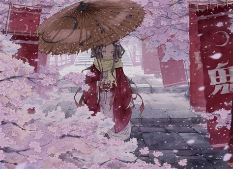 Black Hair Cherry Blossoms Flowers Gag Japanese Clothes Kamado Nezuko Kimetsu No Yaiba Kimono