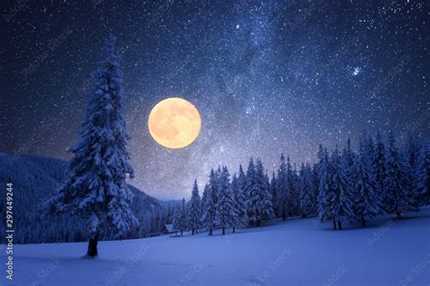 Winter Night With Starry Sky And Full Moon Stock Photo Adobe Stock