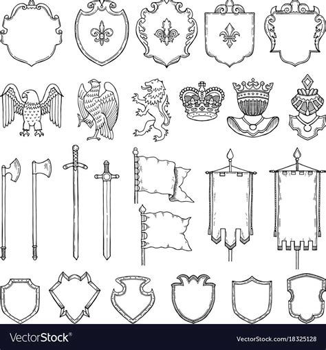 Medieval Heraldic Symbols Isolate On White Vector Hand Drawn