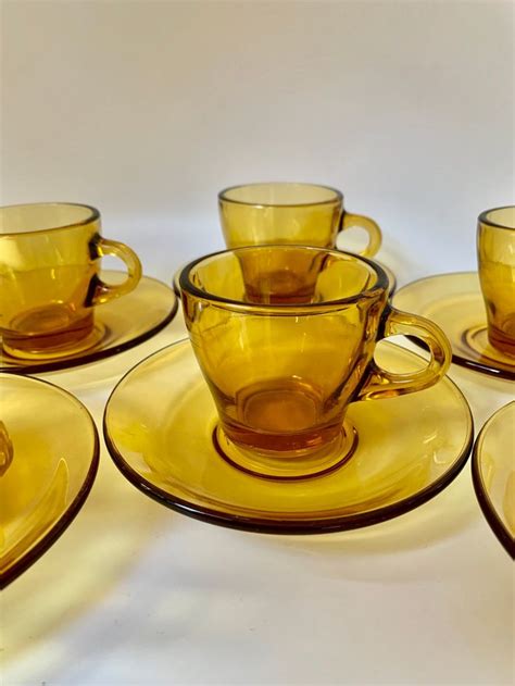 Vintage Amber Glass Espresso Demitasse Cups Saucers Bormioli Set Of