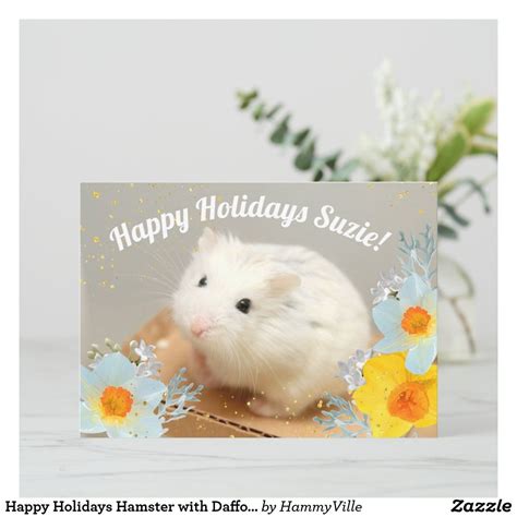 Happy Holidays Hamster With Daffodil Flowers Holiday Card Zazzle