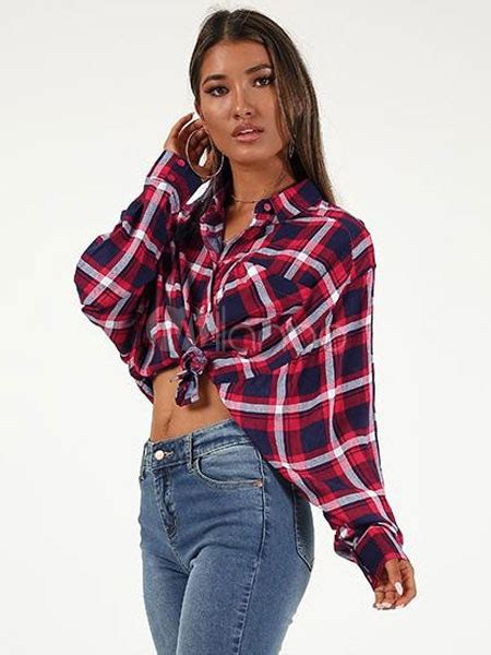 Sexy Plaid Shirt Long Sleeve Button Up Knotted Women Top