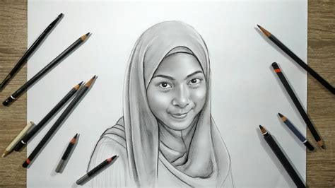 Menggambar Sketsa Wajah Wanita Berhijab Dengan Pensil Youtube