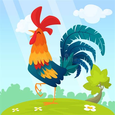 Cartoon Rooster With Bright Feathers On The Tail And A Red Crest