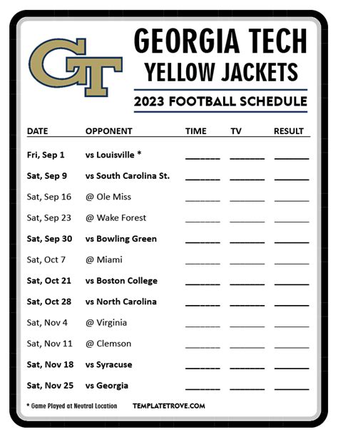 Printable 2023 Georgia Tech Yellow Jackets Football Schedule