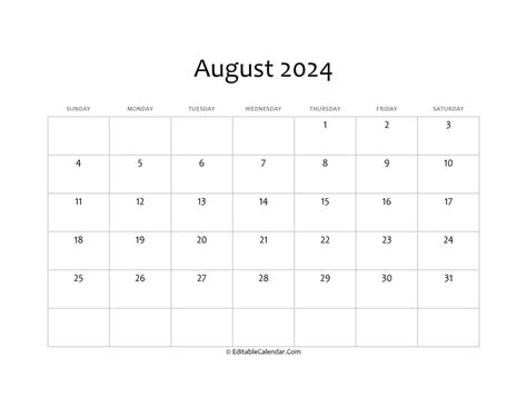 Blank August 2024 Calendar Editable 2024 Wall Calendar