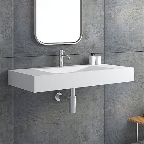 Matte White Wall Mount Rectangular Floating Sink Solid Surface Stone