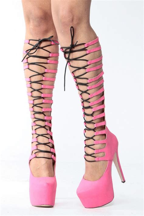 Hot Pink Gladiator Lace Up Platform Heels Cicihot Heel Shoes Online Store Sales Stiletto Heel