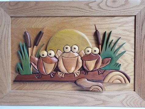 Reserved For Deb X Three Frogs With Sun And Cattails Intarsia Wood